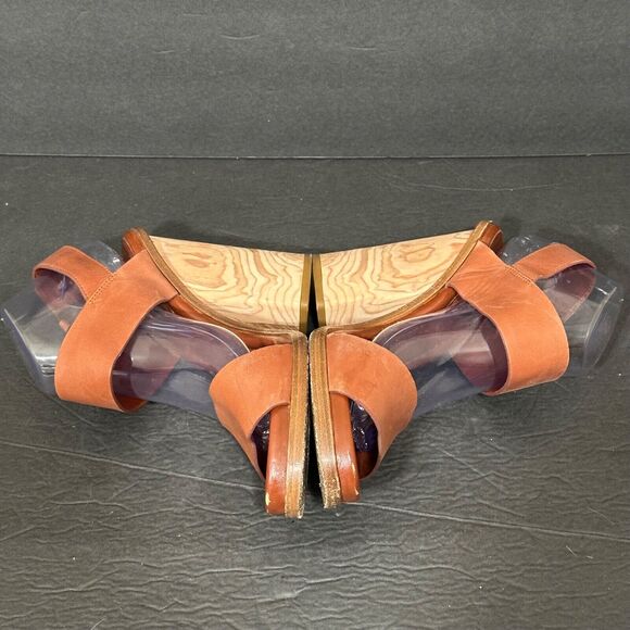 VINCE Haley Heels Women's 9.5 Chunky Block Wood Leather Open Toe Sandals Brown - Picture 8 of 11